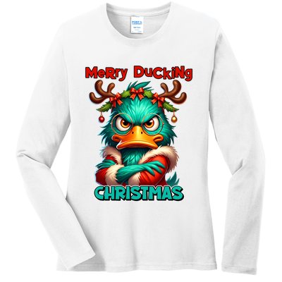Merry Ducking Funny Sarcastic Grumpy Duck Christmas Ladies Long Sleeve Shirt