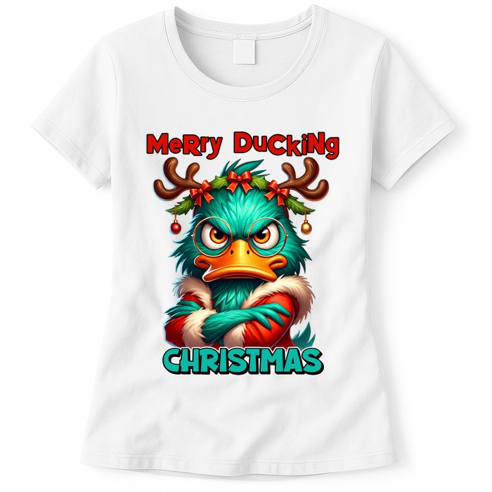 Merry Ducking Funny Sarcastic Grumpy Duck Christmas Womens T-Shirt