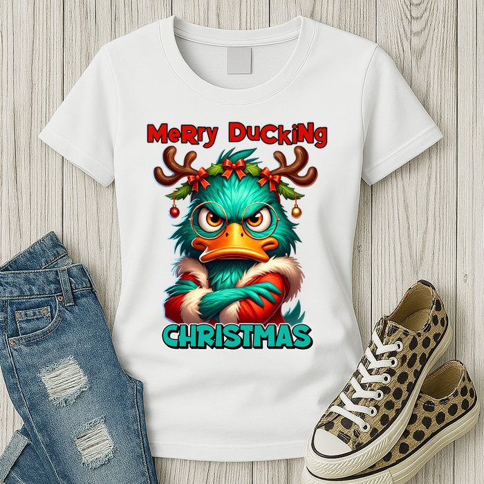 Merry Ducking Funny Sarcastic Grumpy Duck Christmas Womens T-Shirt