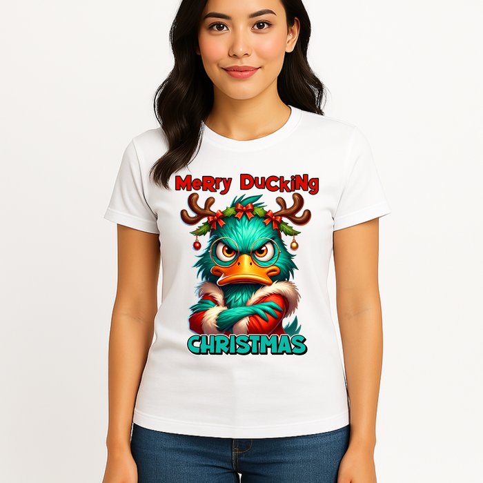 Merry Ducking Funny Sarcastic Grumpy Duck Christmas Womens T-Shirt