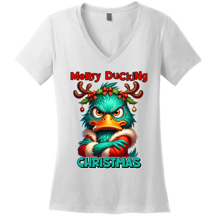 Merry Ducking Funny Sarcastic Grumpy Duck Christmas Women's V-Neck T-Shirt