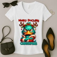 Merry Ducking Funny Sarcastic Grumpy Duck Christmas Women's V-Neck T-Shirt