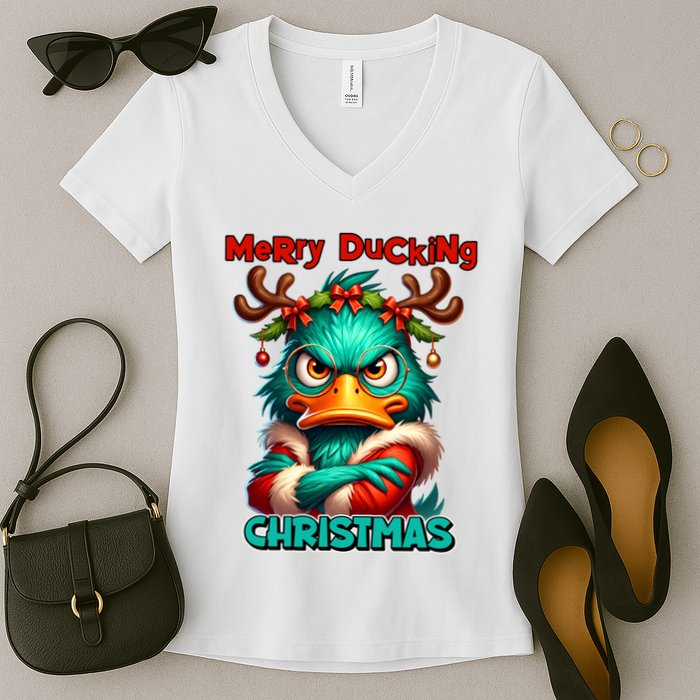 Merry Ducking Funny Sarcastic Grumpy Duck Christmas Women's V-Neck T-Shirt