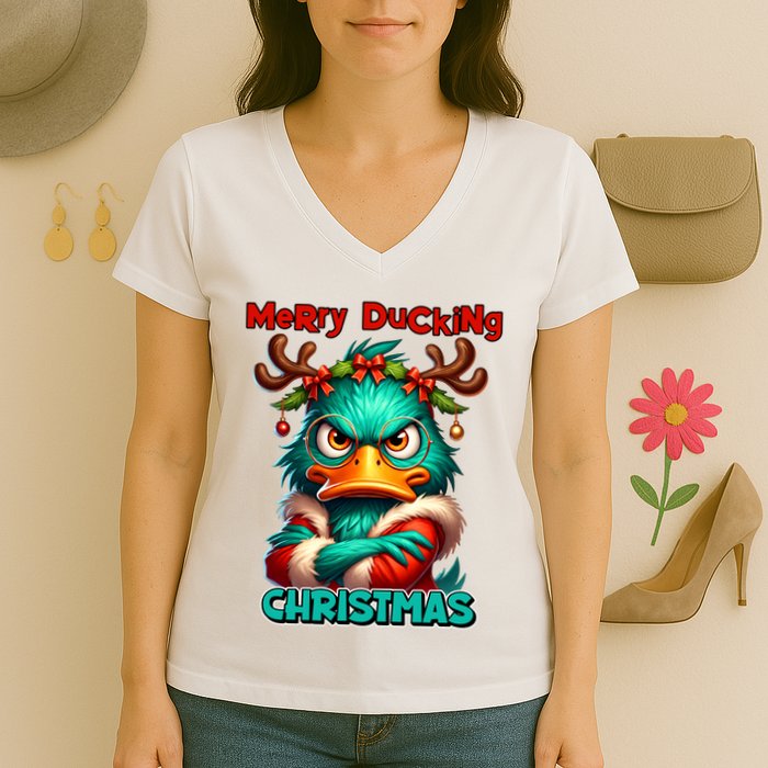 Merry Ducking Funny Sarcastic Grumpy Duck Christmas Women's V-Neck T-Shirt