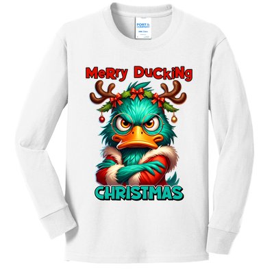 Merry Ducking Funny Sarcastic Grumpy Duck Christmas Kids Long Sleeve Shirt