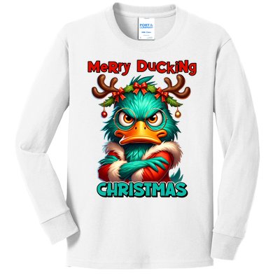 Merry Ducking Funny Sarcastic Grumpy Duck Christmas Kids Long Sleeve Shirt