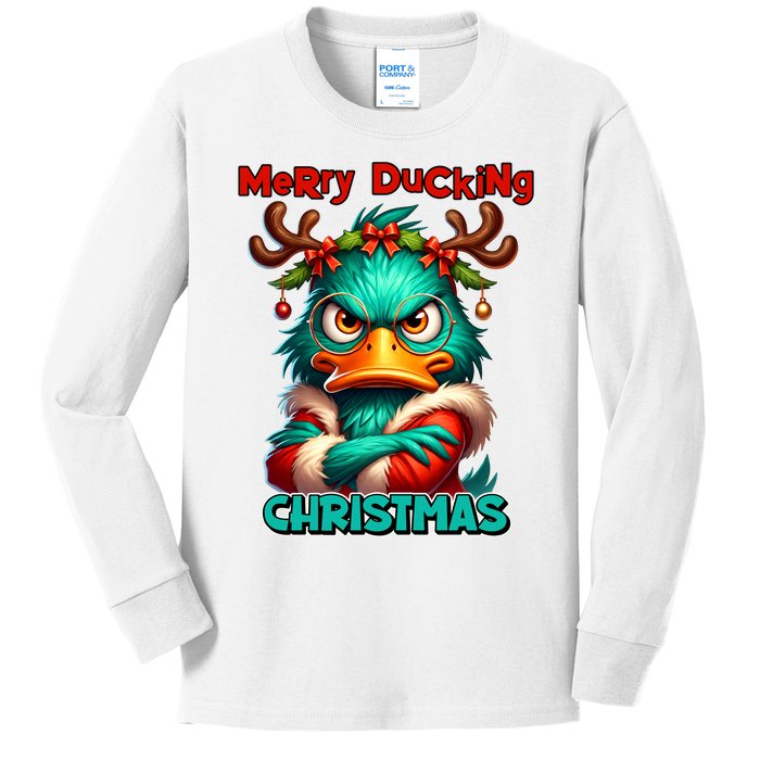 Merry Ducking Funny Sarcastic Grumpy Duck Christmas Kids Long Sleeve Shirt