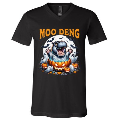 Moo Deng Funny Hippo Baby Pigmy Hippo Halloween Moo Deng V-Neck T-Shirt