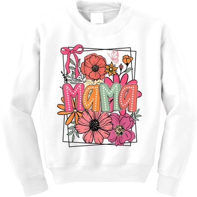 Mother'S Day Floral Mama Coquette Bow Mama Flower Girl Kids Sweatshirt
