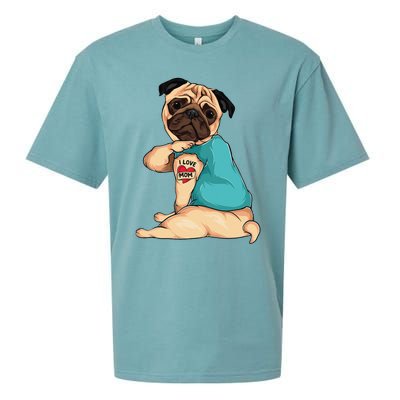 Mothers Day Gift Funny Dog Pug I Love Mom Tattoo Sueded Cloud Jersey T-Shirt