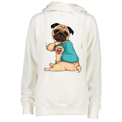 Mothers Day Gift Funny Dog Pug I Love Mom Tattoo Womens Funnel Neck Pullover Hood