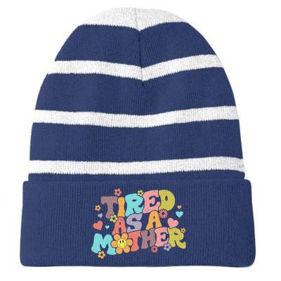 Mothers Day Groovy Tired As A Mother Mom Mama Funny Retro Striped Beanie with Solid Band