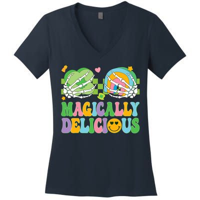 Magically Delicious Hippie St Patrick's Day Skeleton Charms Women's V-Neck T-Shirt