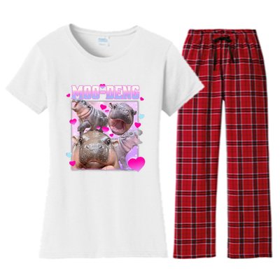 Moo Deng Hippo Baby Pygmy Funny Hippo With Hearts Women's Flannel Pajama Set