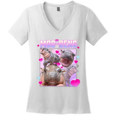 Moo Deng Hippo Baby Pygmy Funny Hippo With Hearts Women's V-Neck T-Shirt