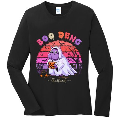 Moo Deng Hippo Baby Pygmy Hippopotamus Fun Halloween Costume Ladies Long Sleeve Shirt