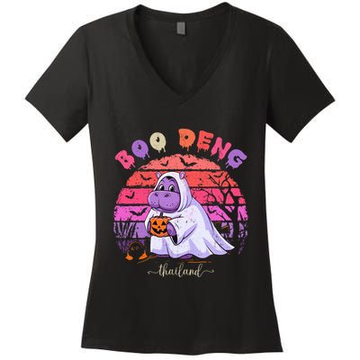 Moo Deng Hippo Baby Pygmy Hippopotamus Fun Halloween Costume Women's V-Neck T-Shirt