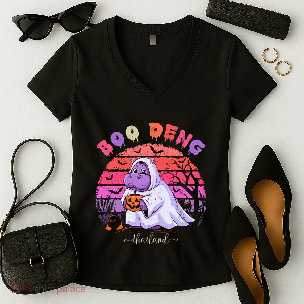 Moo Deng Hippo Baby Pygmy Hippopotamus Fun Halloween Costume Women's V-Neck T-Shirt