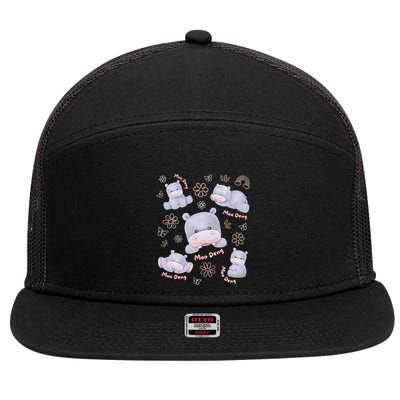 Moo Deng Hippo Pig Flower Cute Baby Pygmy Moodeng Souvenir 7 Panel Mesh Trucker Snapback Hat