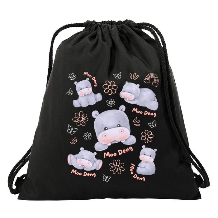 Moo Deng Hippo Pig Flower Cute Baby Pygmy Moodeng Souvenir Drawstring Bag