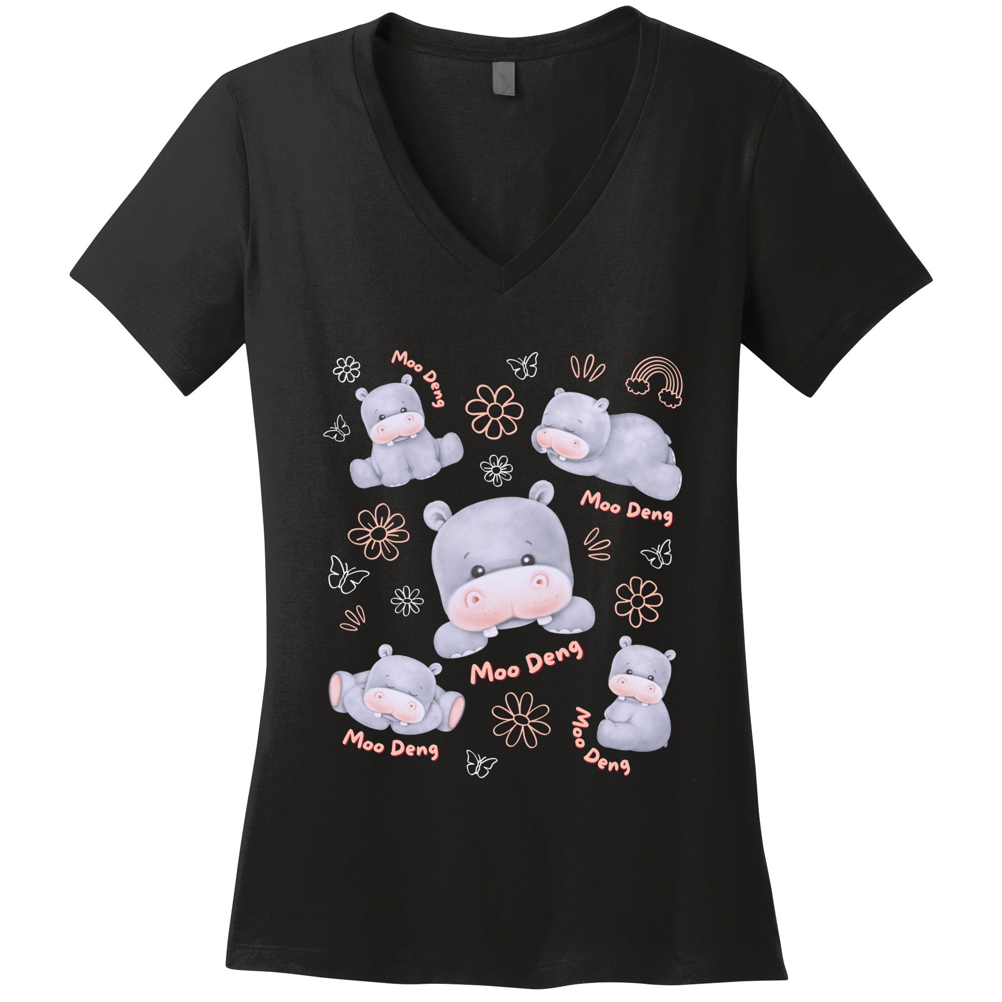 Moo Deng Hippo Pig Flower Cute Baby Pygmy Moodeng Souvenir Women's V-Neck T-Shirt