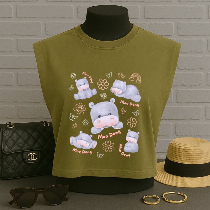 Moo Deng Hippo Pig Flower Cute Baby Pygmy Moodeng Souvenir Garment-Dyed Women's Muscle Tee