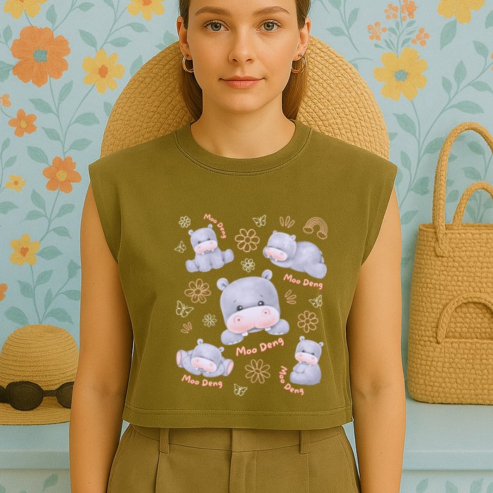 Moo Deng Hippo Pig Flower Cute Baby Pygmy Moodeng Souvenir Garment-Dyed Women's Muscle Tee