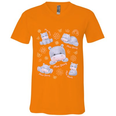 Moo Deng Hippo Pig Flower Cute Baby Pygmy Moodeng Souvenir V-Neck T-Shirt