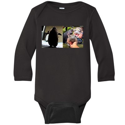 Moo Deng Hippo And Baby Penguin Pesto Baby Long Sleeve Bodysuit