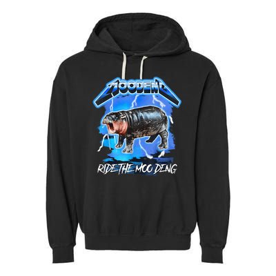 Moo Deng Hippo Ride The Moo Deng Music Rock Style Garment-Dyed Fleece Hoodie