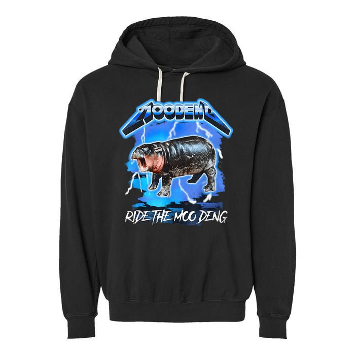 Moo Deng Hippo Ride The Moo Deng Music Rock Style Garment-Dyed Fleece Hoodie