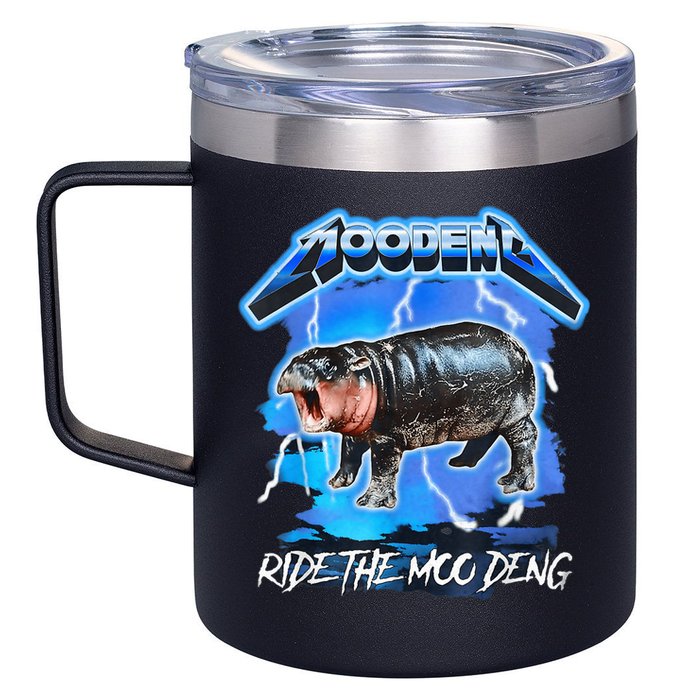 Moo Deng Hippo Ride The Moo Deng Music Rock Style 12oz Stainless Steel Coffee Mug