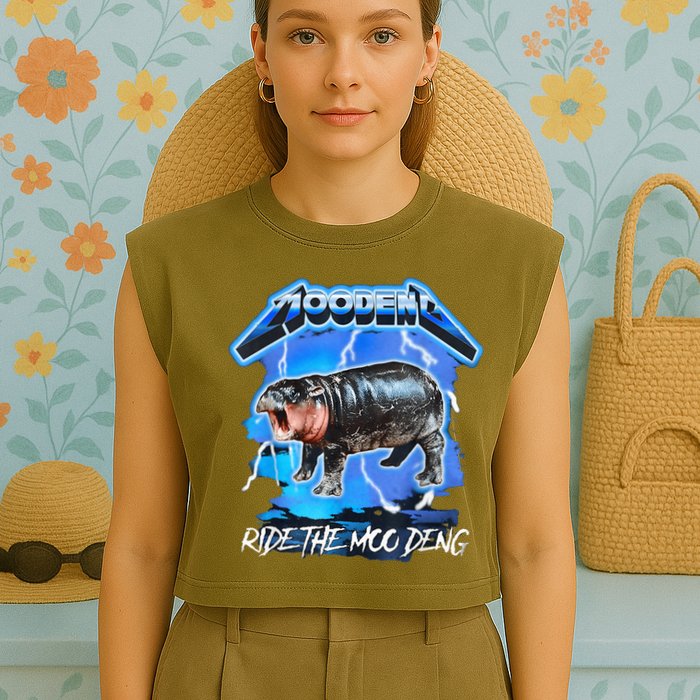 Moo Deng Hippo Ride The Moo Deng Music Rock Style Garment-Dyed Women's Muscle Tee
