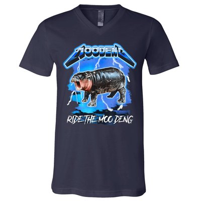 Moo Deng Hippo Ride The Moo Deng Music Rock Style V-Neck T-Shirt