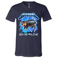 Moo Deng Hippo Ride The Moo Deng Music Rock Style V-Neck T-Shirt