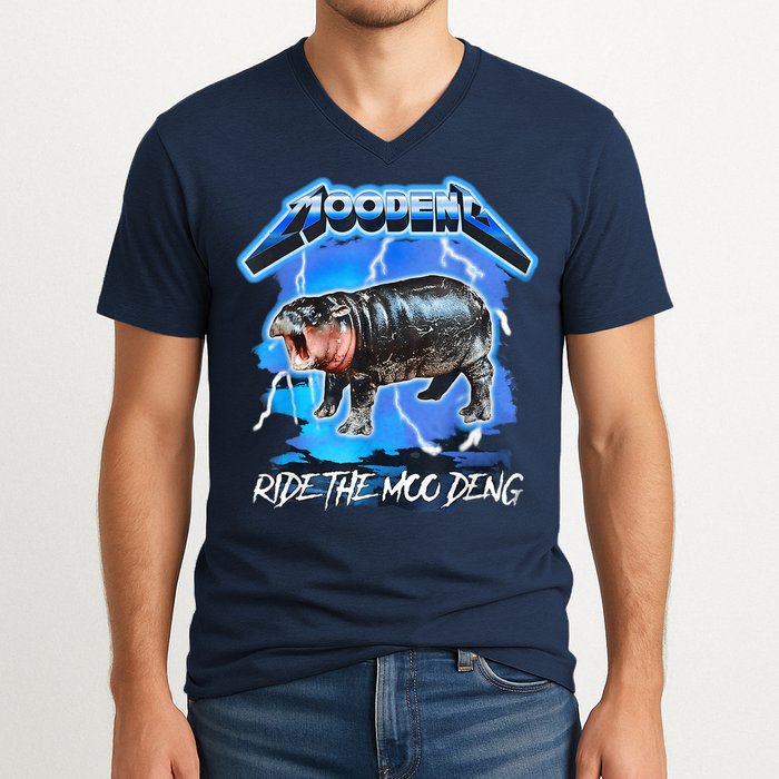 Moo Deng Hippo Ride The Moo Deng Music Rock Style V-Neck T-Shirt