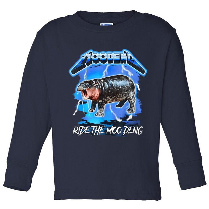 Moo Deng Hippo Ride The Moo Deng Music Rock Style Toddler Long Sleeve Shirt