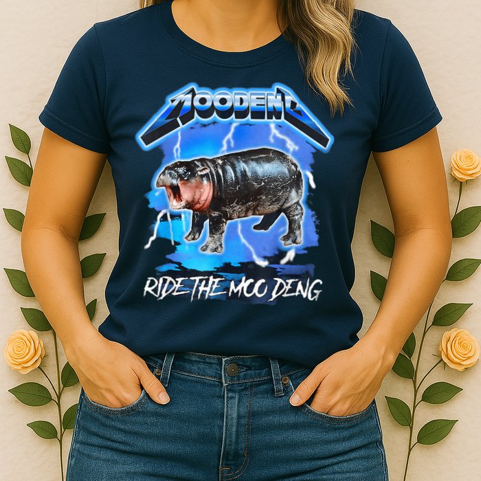 Moo Deng Hippo Ride The Moo Deng Music Rock Style Womens T-Shirt