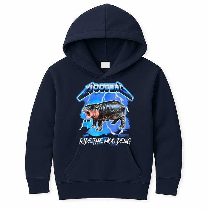 Moo Deng Hippo Ride The Moo Deng Music Rock Style Kids Hoodie