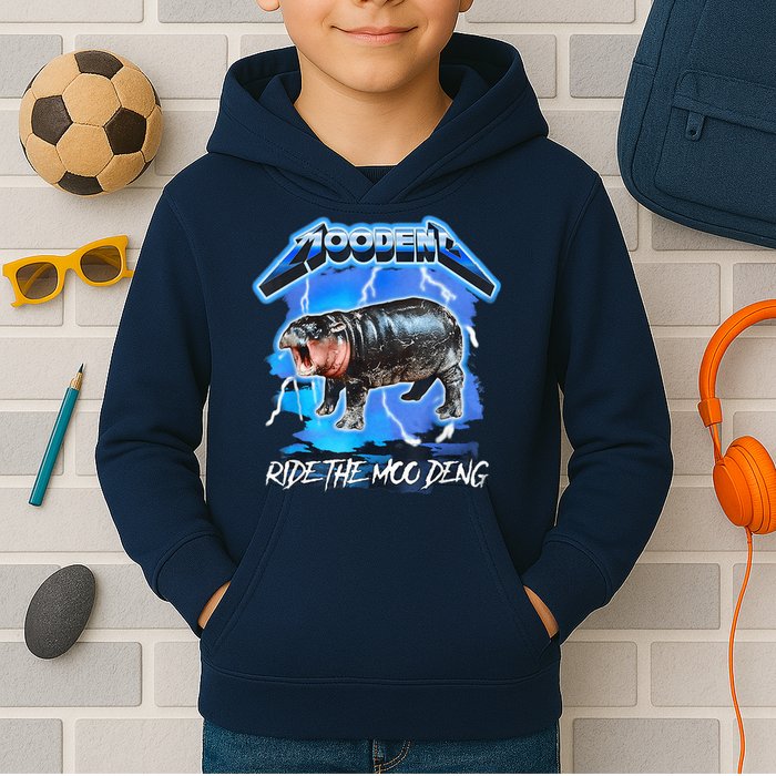 Moo Deng Hippo Ride The Moo Deng Music Rock Style Kids Hoodie