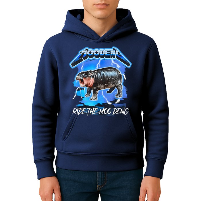 Moo Deng Hippo Ride The Moo Deng Music Rock Style Kids Hoodie