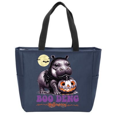 Moo Deng Halloween Pygmy Hippo Bouncy Pig Thai Pumpkin Face Zip Tote Bag