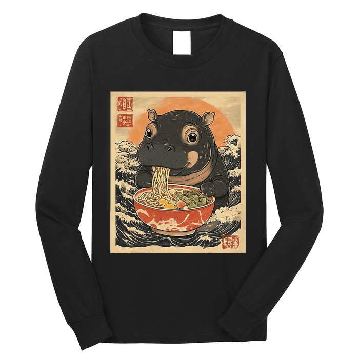 Moo Deng Hippo Eat Ramen For Japanese Style Long Sleeve Shirt