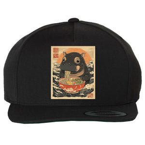 Moo Deng Hippo Eat Ramen For Japanese Style Wool Snapback Cap