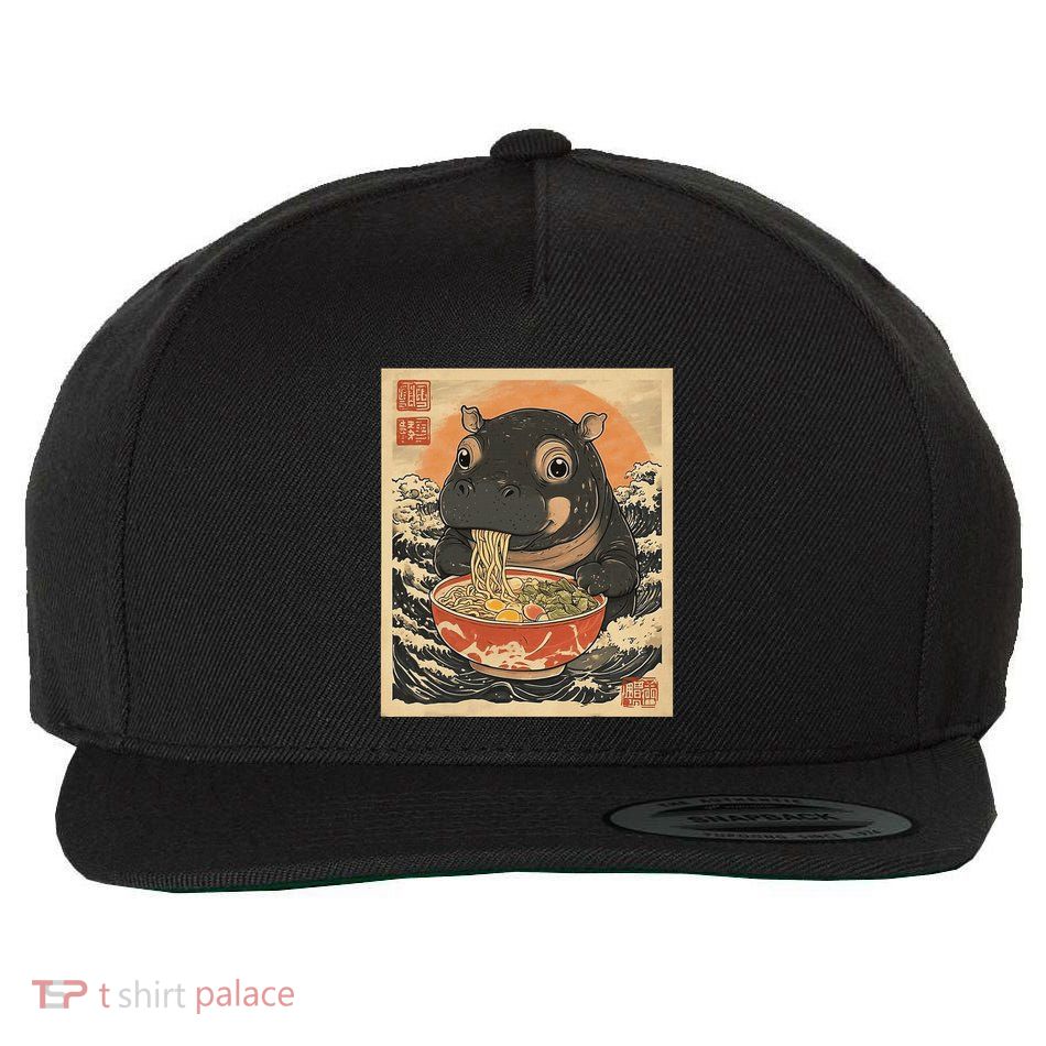 Moo Deng Hippo Eat Ramen For Japanese Style Wool Snapback Cap