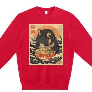 Moo Deng Hippo Eat Ramen For Japanese Style Premium Crewneck Sweatshirt