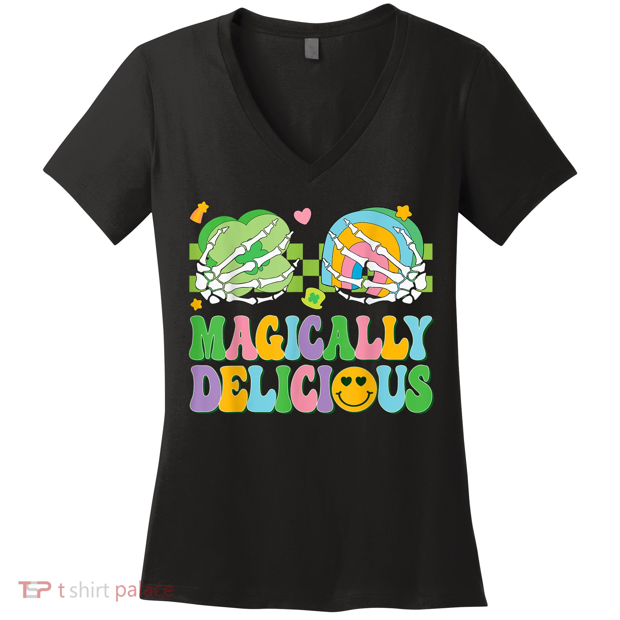 Magically Delicious Hippie St Patrick's Day Skeleton Charms Women's V-Neck T-Shirt
