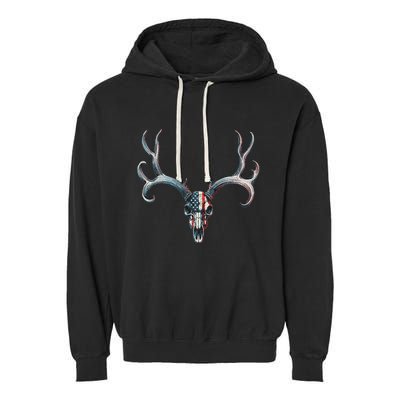 Mule Deer Hunting American Flag On Buck Skull Garment-Dyed Fleece Hoodie
