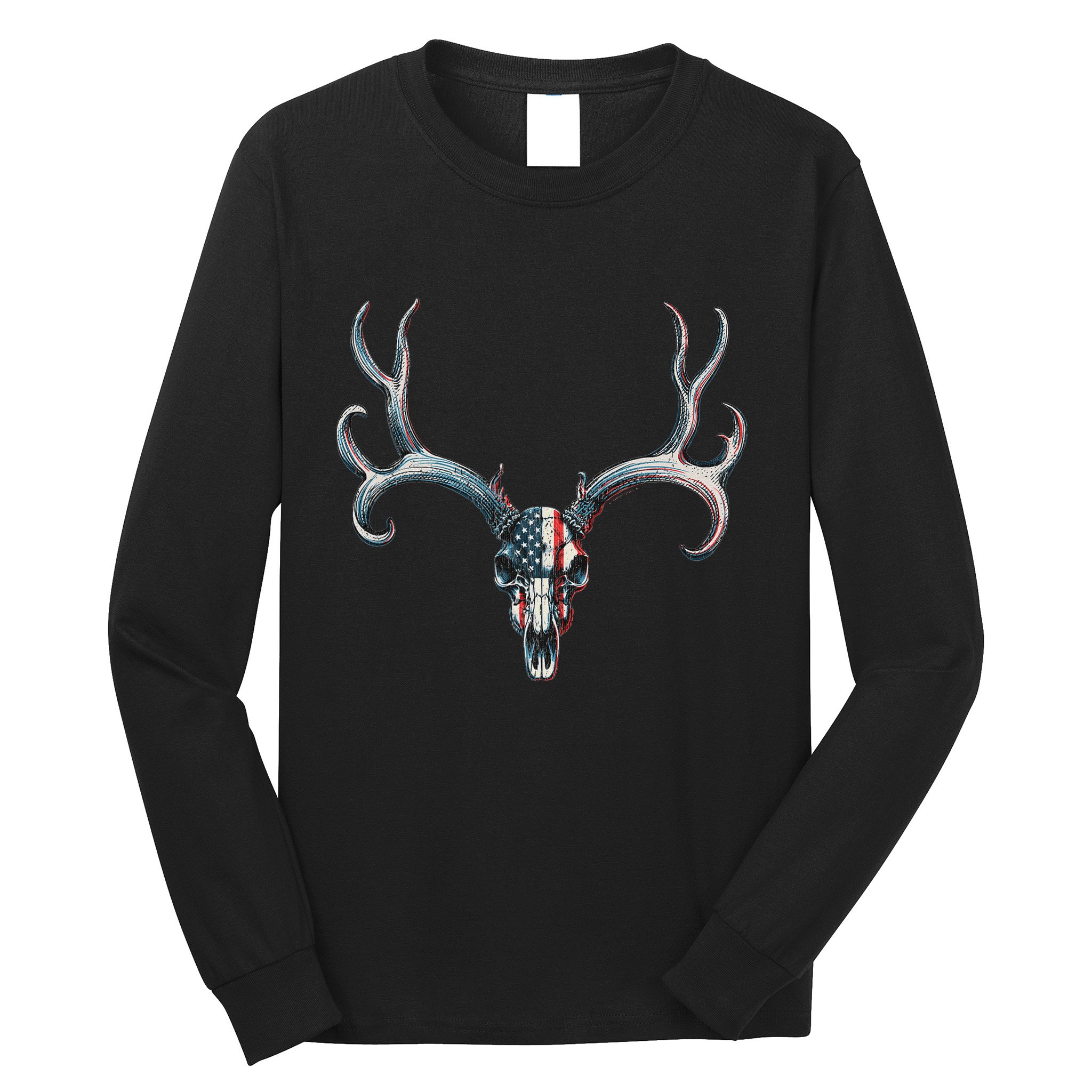 Mule Deer Hunting American Flag On Buck Skull Long Sleeve Shirt