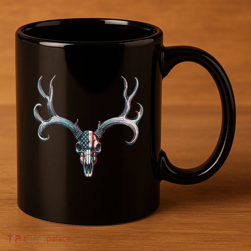 Mule Deer Hunting American Flag On Buck Skull 11oz C Handle Ceramic Mug